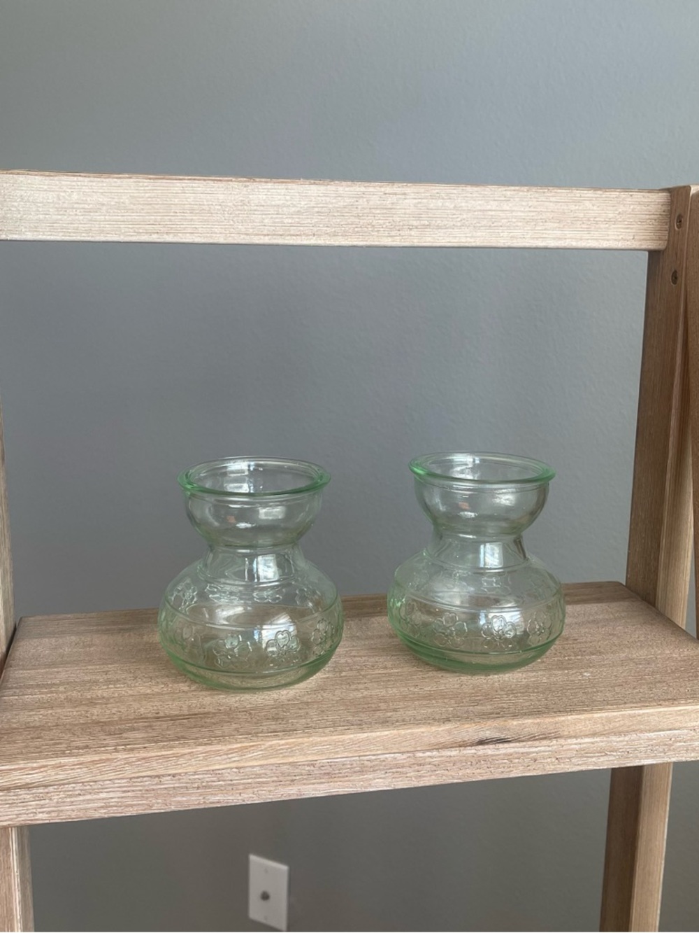 Light Green Glass Bulb Forcing Vase 4" Embossed Floral Motif - Set of 2 Cottage